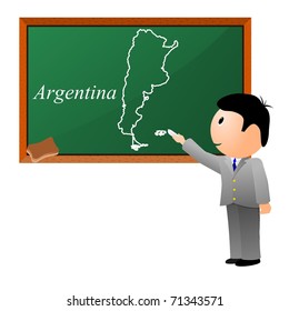  small boy, drawing on the blackboard a map of Argentina