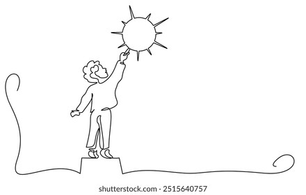 Pequeño niño dibujando sol en la pared. Dibujo continuo de una línea de la alegría de la infancia. fondo blanco aislado. Ilustración vectorial