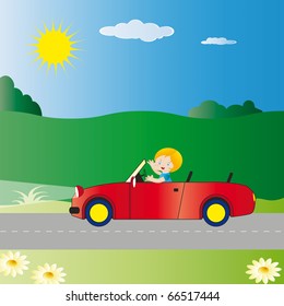 Small boy driving car on road