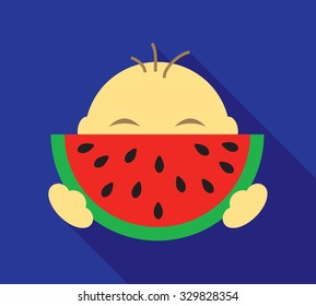 Small boy eating slice of watermelon in vector