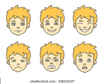 Small boy face expressions set. Vector isolated on white.