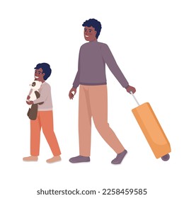 Small boy and father with valise going on plane semi flat color vector characters. Editable figures. Full body people on white. Simple cartoon style illustration for web graphic design and animation