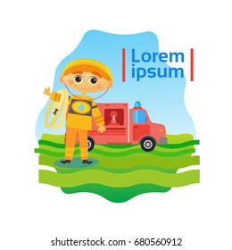 Small Boy Fireman Kid Fire Fighter Flat Vector Illustration