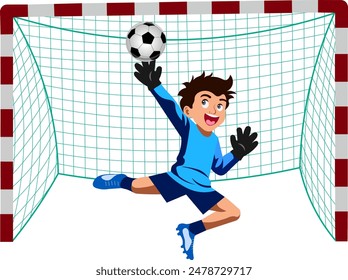 A small boy in full growth from the front plays football  the goalkeeper catches the ball in the football goal football player boy jumps high behind the ball  Vector