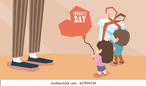 Small Boy Girl Give Present Balloon Man Long Legs Father Day Holiday Children Greeting Vector Illustration