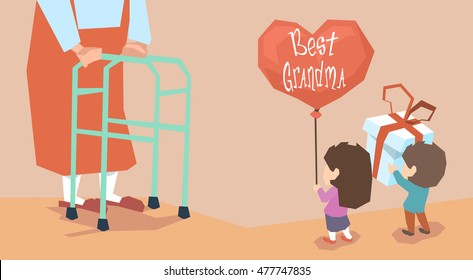 Small Boy Girl Give Present Balloon Grandmother Long Legs Grandparents Day Holiday Grandchildren Greeting Vector Illustration