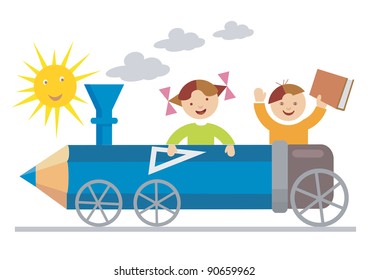 Small boy and girl ridden in the crayon-locomotive. Vector illustration.	