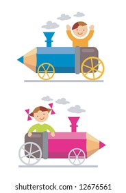 Small boy and girl ridden on the crayon-locomotive. Vector illustration