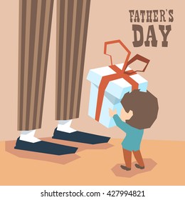 Small Boy Give Present Box Adult Man Long Legs Father Day Holiday Vector Illustration