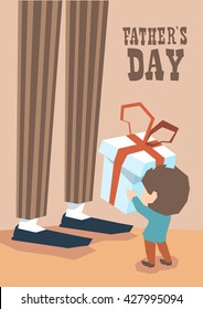 Small Boy Give Present Box Adult Man Long Legs Father Day Holiday Vertical Vector Illustration