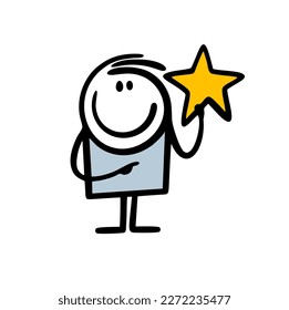 Small boy hand drawn in cartoon doodle style holds a big golden star. Vector illustration of stick figure boy with gift from the space.