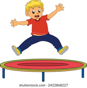 A small boy happily bounces on a trampoline in this cheerful cartoon illustration. He enjoys the fun of jumping up and down. The image captures the joy and playfulness of a child.