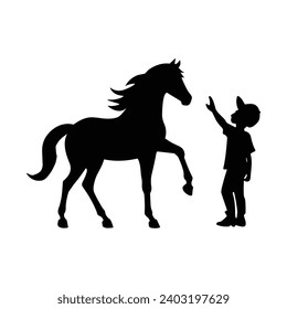 Un niño pequeño con su caballo momento emocional arte vectorial de silueta negra