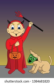 Small boy with his dog trick or treating illustration