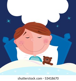 Small boy with his teddy bear sleeping in bed. Cute small boy sleeping and dreaming. Write the dream inside speech bubble! Vector Illustration.