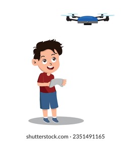 small boy holding a controller controlling a drone. Vector illustration with white background.