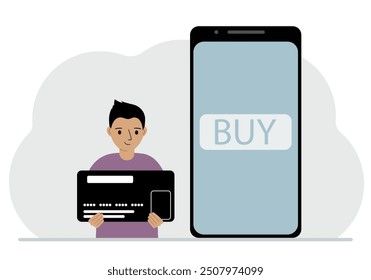 A small boy holds a credit card in his hand and a large mobile phone nearby. The concept of bank payment, online purchase, children's credit card. Vector flat illustration.