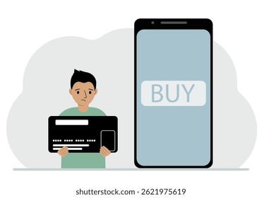 A small boy holds a credit card in his hand and a large mobile phone nearby. The concept of bank payment, online purchase, children's credit card. Vector flat illustration.