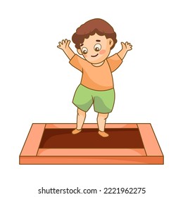 Small boy jumping on red trampoline cartoon illustration. Boy having fun. Leisure, entertainment concept