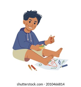 Small boy kid drawing space ship on paper using colorful pencils or crayons. Development of creative skills and abilities of child. Playful kiddo learning to paint. Flat cartoon character vector