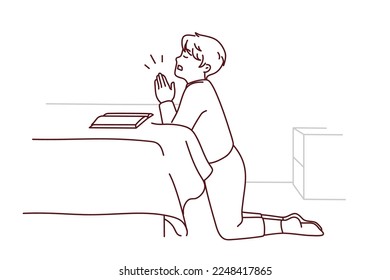 Small boy kneel in bedroom praying with hands join at home. Little child keep hands in prayer talking to God. Religion and faith. Vector illustration. 