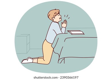 Small boy kneel in bedroom praying with hands join at home. Little child keep hands in prayer talking to God. Religion and faith. Vector illustration.