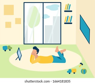 Small boy is lying on the floor in the children's room and watching cartoons on phone. There are toys and books nearby.gadgets addict, Dependence, digital space. Trendy flat vector illustration