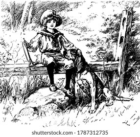 A small boy named James, sitting on the logs of the tree with his feet resting on the rock and patting his dog, next to him on the land, vintage line drawing or engraving illustration.