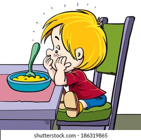  Small boy not liking his food.