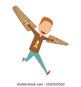 Small Boy In Pilot Costume Dreaming Of Piloting The Plane, Playing With Toys Adorable Cartoon Characters.