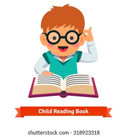 Small boy playing in glasses reading book. Flat style vector cartoon illustration isolated on white background.