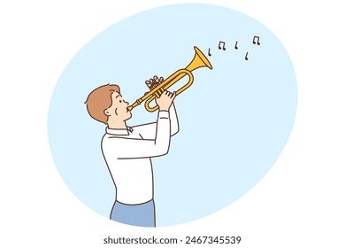 Small boy playing on musical instrument on concert. Teen child hold trumpet perform on stage. Hobby and entertainment. Vector illustration.