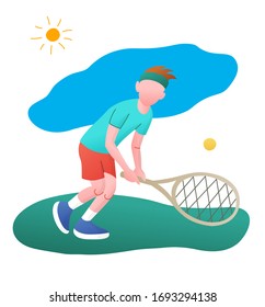 Small boy playing tennis. Vector illustration in a flat style. Isolated on a white background. Sports concept.