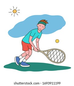 Small boy playing tennis. Vector illustration in a flat style. Isolated on a white background. Sports concept.