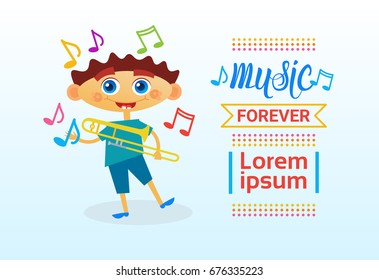Small Boy Playing Thrombone Musical Instrument Flat Vector Illustration