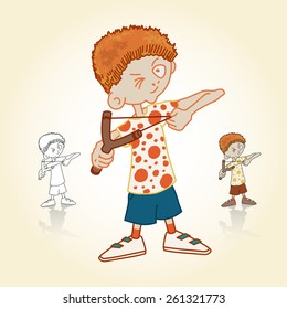 small boy plays with slingshot redhead flatten isolated illustration vector