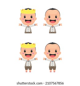 Small boy raises both hands up set vector illustration isolated on white background. Chibi character illustration