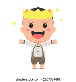 Small boy raises both hands up with golden crown on his head vector illustration isolated on white background. Chibi character illustration