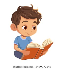 A small boy is reading a book with interest.