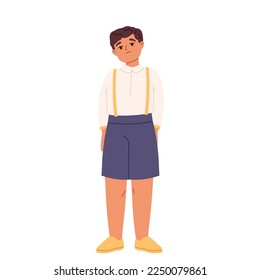 Small boy sad and upset standing with no emotions. Little kid alone unhappy. Awkward child toddler embarrassed worried and anxious. Cartoon flat vector illustration