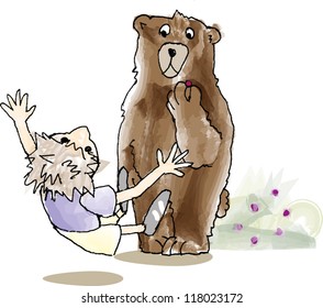 Small boy scared by a bear eating berries illustration