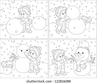 Small boy sculpting a funny snowman