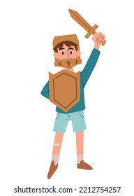 Small boy with shield. Student pretends to be knight. Charming and adorable character in wooden or cardboard suit. Sticker for social networks and messengers. Cartoon flat vector illustration