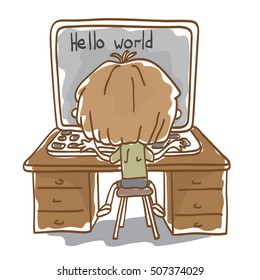 Small boy sits at the table and programs on a laptop. View from the back. Inscription on the monitor Hello world.