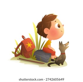 Small boy sitting beside a red backpack and a friend dog in a sunny outdoor setting. Character illustration for children. Kid hiking adventure with his puppy. Vector clipart cartoon illustration
