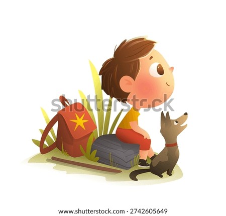 Small boy sitting beside a red backpack and a friend dog in a sunny outdoor setting. Character illustration for children. Kid hiking adventure with his puppy. Vector clipart cartoon illustration