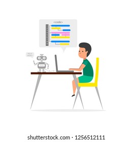 Small boy sitting in front of his laptop and writing code. Robotics technology. Children coding. Vector illustration.