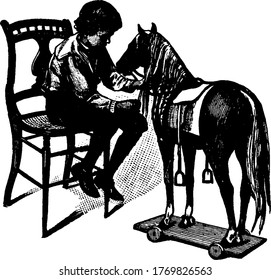 A small boy sitting in his chair, playing with a toy horse, placed next to him , vintage line drawing or engraving illustration.