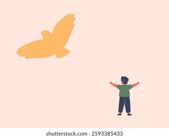 small boy spread his arms like a bird. silhouette of a bird flying over a child as a symbol of hope freedom, carefree. vector illustration metaphor