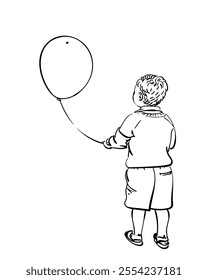 Small boy standing holding balloon on string, Back view isolated, Child wearing summer clothes, Vector sketch, Hand drawn illustration